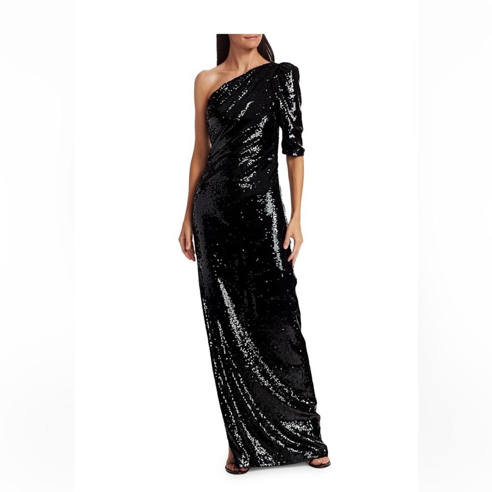 Rachel Gilbert Val Liquid Drape One-Shoulder Sequin Gown